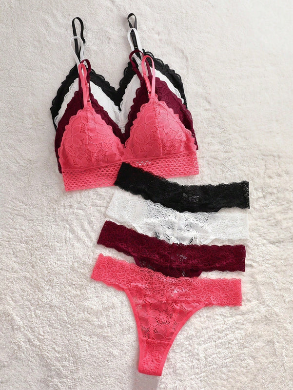 Conjunto de 8 piezas de sosten y Tangas para mujer en unicolor y con encaje y detalle de borde de concha