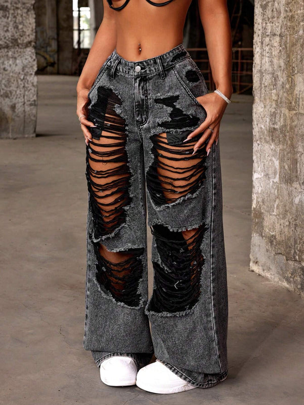 ICON Jeans de pierna ancha suelta casuales para mujeres con bolsillos y agujeros rasgados