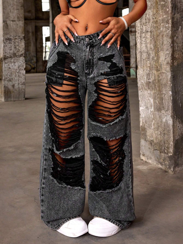 ICON Jeans de pierna ancha suelta casuales para mujeres con bolsillos y agujeros rasgados