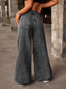 ICON Jeans de pierna ancha suelta casuales para mujeres con bolsillos y agujeros rasgados