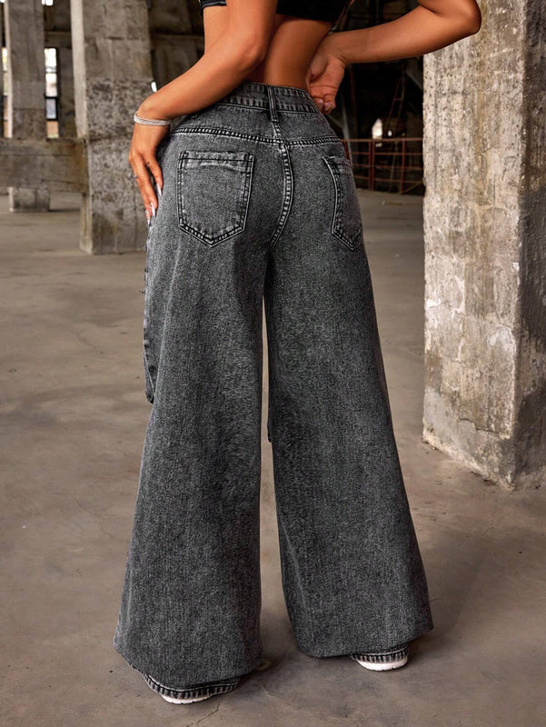 ICON Jeans de pierna ancha suelta casuales para mujeres con bolsillos y agujeros rasgados