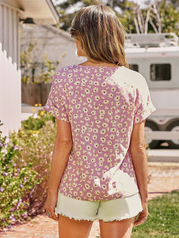 LUNE Camisa de mujer rosa impresa con romanticos crisantemos para verano
