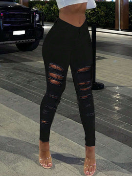 Mujeres de moda Jeans rasgados ajustados unicolor