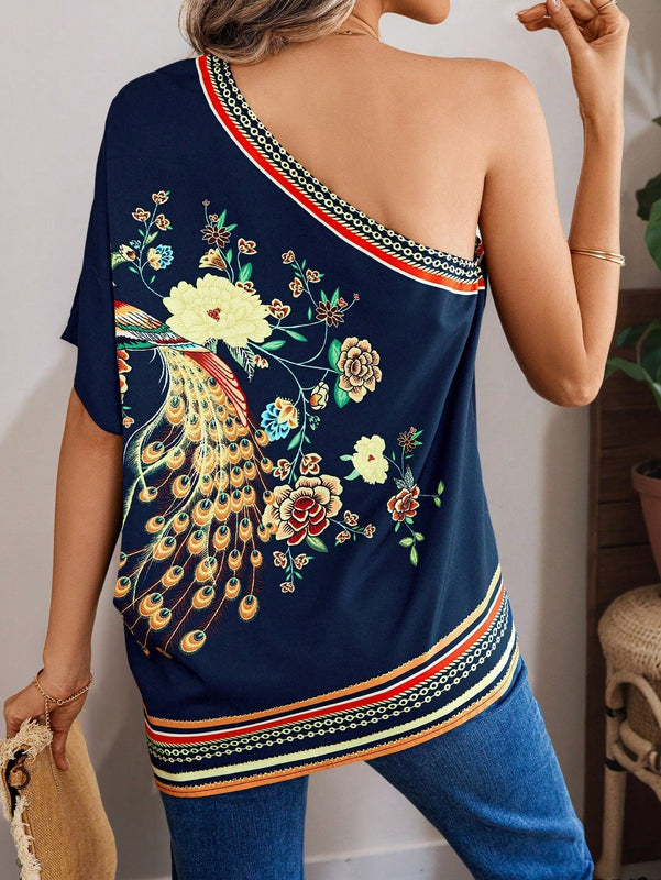 LUNE Camisa De Manga Murcielago Con Impresion Asimetrica Y Tematica De Vacaciones