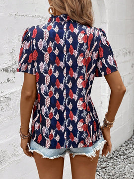 LUNE Blusa casual de manga corta con cuello de lazo para vacaciones de mujer