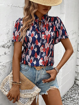 Blusa casual de manga corta con cuello de lazo para vacaciones de mujer