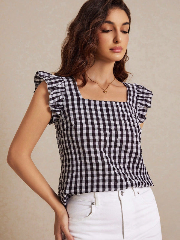 Frenchy Blusa de manga de mariposa con cuello cuadrado y cuadros blancos y negros, tela de madras de verano, estilo frances