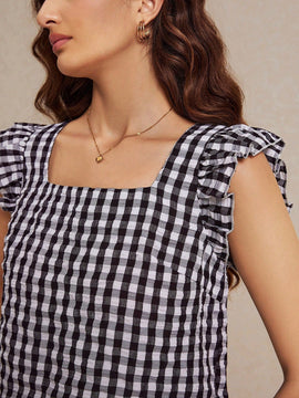 Frenchy Blusa de manga de mariposa con cuello cuadrado y cuadros blancos y negros, tela de madras de verano, estilo frances