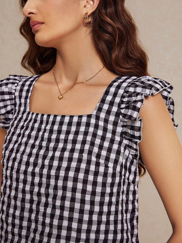 Frenchy Blusa de manga de mariposa con cuello cuadrado y cuadros blancos y negros, tela de madras de verano, estilo frances