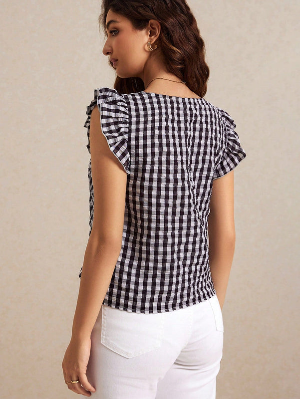 Frenchy Blusa de manga de mariposa con cuello cuadrado y cuadros blancos y negros, tela de madras de verano, estilo frances