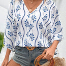 VCAY Camisa de verano de mujer suelta con bordado de plantas, cuello en V y mangas murcielago