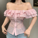 DAZY Camisa suelta de hombros descubiertos, con ribete de volante y botones sencillos de un solo pecho, para mujer de verano en unicolor