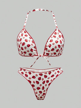 ROMWE Kawaii Conjunto de sujetador y bragas con estampado de fresa de estilo rural con ribete de encaje y corbata de cuello