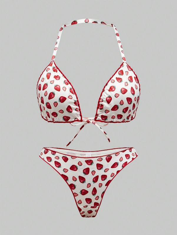 ROMWE Kawaii Conjunto de sujetador y bragas con estampado de fresa de estilo rural con ribete de encaje y corbata de cuello