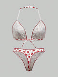 ROMWE Kawaii Conjunto de sujetador y bragas con estampado de fresa de estilo rural con ribete de encaje y corbata de cuello