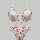 ROMWE Kawaii Conjunto de sujetador y bragas con estampado de fresa de estilo rural con ribete de encaje y corbata de cuello