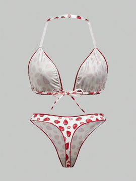 ROMWE Kawaii Conjunto de sujetador y bragas con estampado de fresa de estilo rural con ribete de encaje y corbata de cuello