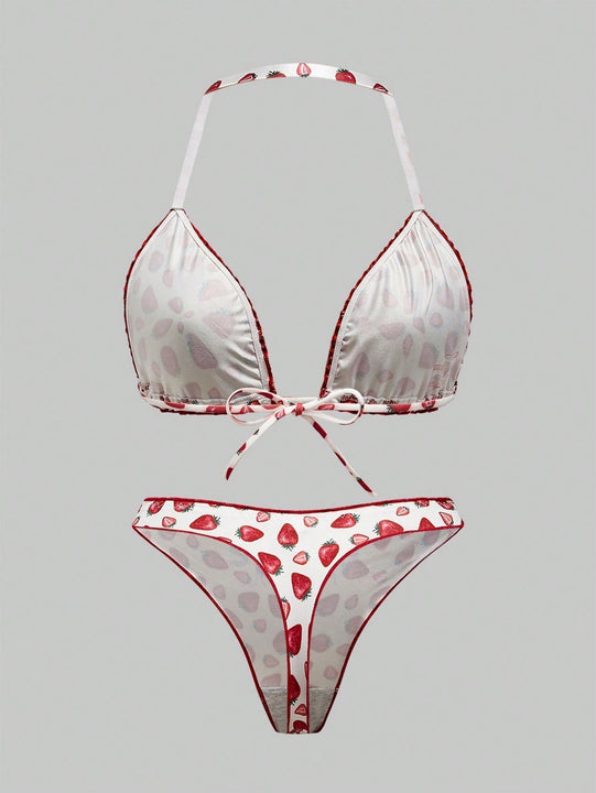 ROMWE Kawaii Conjunto de sujetador y bragas con estampado de fresa de estilo rural con ribete de encaje y corbata de cuello