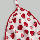 ROMWE Kawaii Conjunto de sujetador y bragas con estampado de fresa de estilo rural con ribete de encaje y corbata de cuello