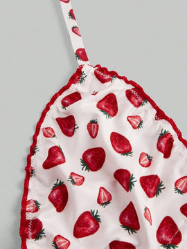 ROMWE Kawaii Conjunto de sujetador y bragas con estampado de fresa de estilo rural con ribete de encaje y corbata de cuello