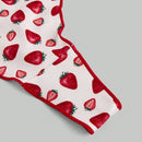 ROMWE Kawaii Conjunto de sujetador y bragas con estampado de fresa de estilo rural con ribete de encaje y corbata de cuello