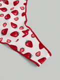 ROMWE Kawaii Conjunto de sujetador y bragas con estampado de fresa de estilo rural con ribete de encaje y corbata de cuello