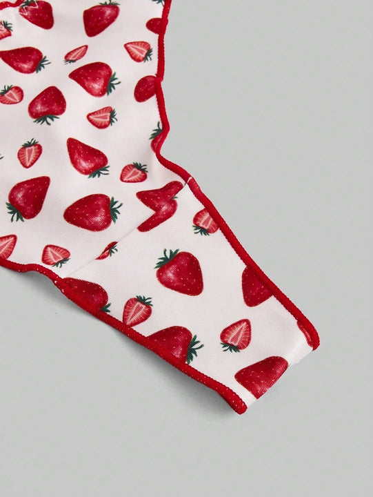 ROMWE Kawaii Conjunto de sujetador y bragas con estampado de fresa de estilo rural con ribete de encaje y corbata de cuello