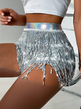 BAE Shorts sexys de lentejuelas con flecos para mujer