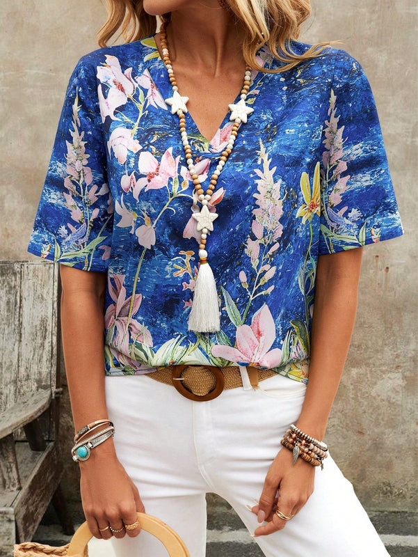 EMERY ROSE Camisa de verano de manga corta, cuello en V suelto para senoras con estampado floral abstracto