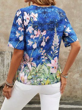 EMERY ROSE Camisa de verano de manga corta, cuello en V suelto para senoras con estampado floral abstracto