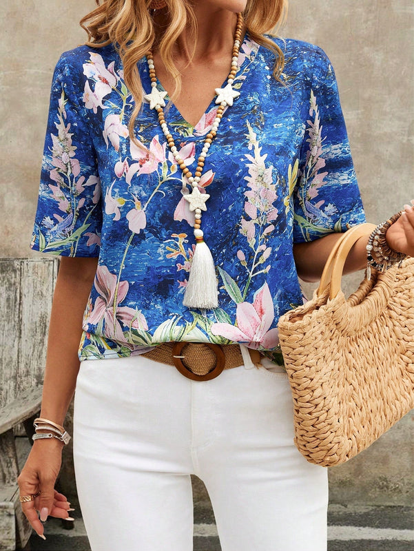 EMERY ROSE Camisa de verano de manga corta, cuello en V suelto para senoras con estampado floral abstracto