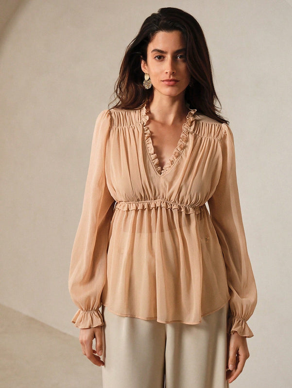 Anewsta Camisa De Color Solido Con Cintura Fruncida Y Dobladillo Con Volantes Para Mujeres