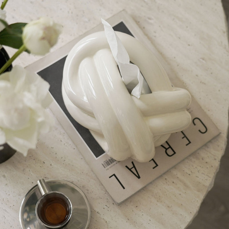 1 pieza de Cubierta para Caja de Pañuelos con Diseño de Nudo Cerámico - Portaservilletas Redondo Moderno en Beige y Blanco, Decoración Elegante para Baño, Sala de Estar, Encimera del Tocador