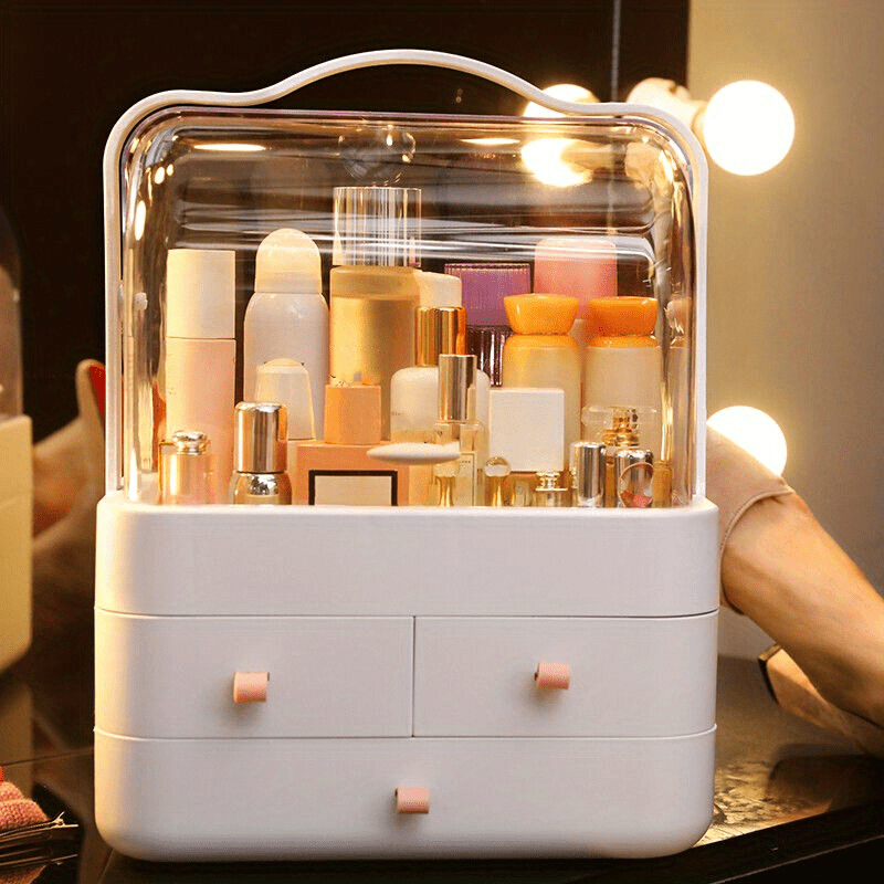 1pc Organizador de cosméticos de gran capacidad, caja de almacenamiento de maquillaje de plástico con cajones de doble apertura, vitrina para mostrador de baño, tocador, dormitorio