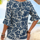 EMERY ROSE Camisa de vacaciones para mujeres de manga corta y ajuste holgado con cuello en V y muescas con estampado de plantas tropicales para el verano