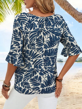 EMERY ROSE Camisa de vacaciones para mujeres de manga corta y ajuste holgado con cuello en V y muescas con estampado de plantas tropicales para el verano