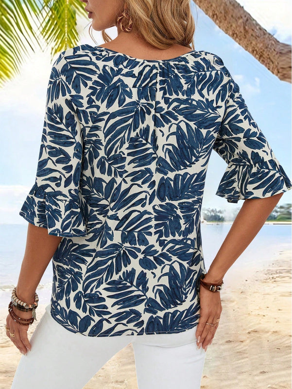 EMERY ROSE Camisa de vacaciones para mujeres de manga corta y ajuste holgado con cuello en V y muescas con estampado de plantas tropicales para el verano