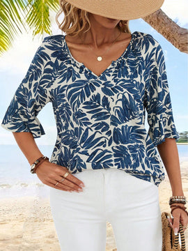 EMERY ROSE Camisa de vacaciones para mujeres de manga corta y ajuste holgado con cuello en V y muescas con estampado de plantas tropicales para el verano