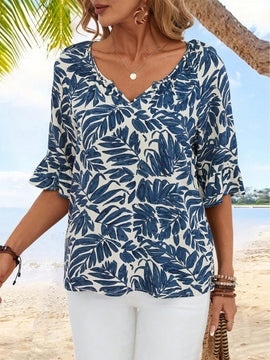 EMERY ROSE Camisa de vacaciones para mujeres de manga corta y ajuste holgado con cuello en V y muescas con estampado de plantas tropicales para el verano