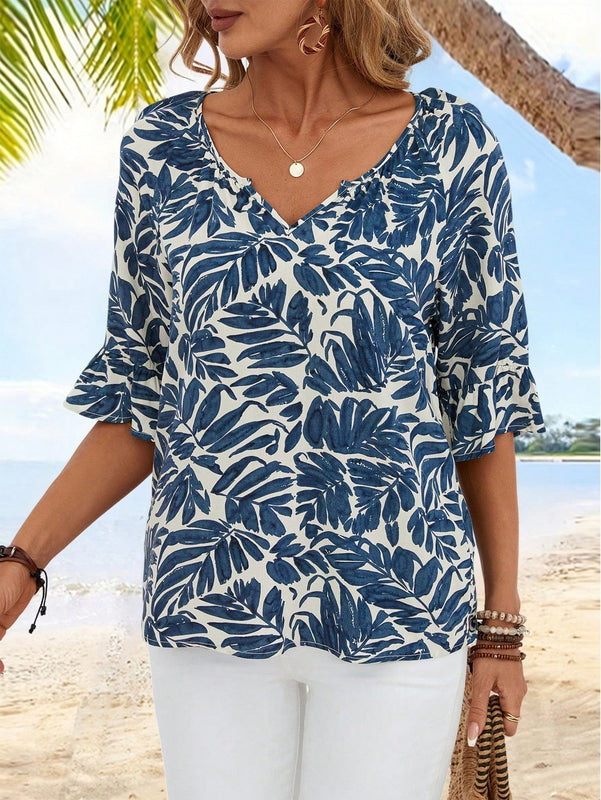 EMERY ROSE Camisa de vacaciones para mujeres de manga corta y ajuste holgado con cuello en V y muescas con estampado de plantas tropicales para el verano