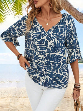 EMERY ROSE Camisa de vacaciones para mujeres de manga corta y ajuste holgado con cuello en V y muescas con estampado de plantas tropicales para el verano