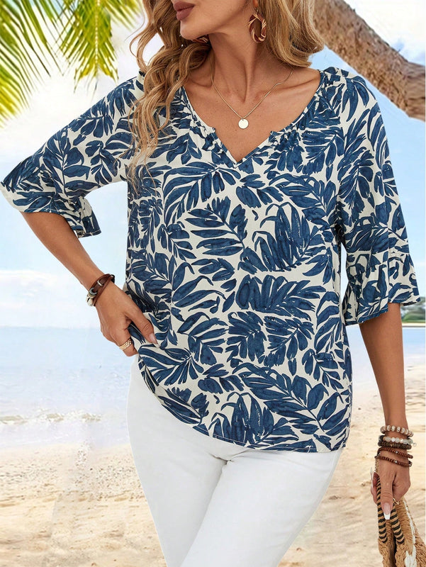 EMERY ROSE Camisa de vacaciones para mujeres de manga corta y ajuste holgado con cuello en V y muescas con estampado de plantas tropicales para el verano