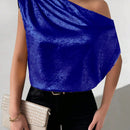 Clasi Camisa de cuello asimetrico simple y plisada en unicolor para mujer