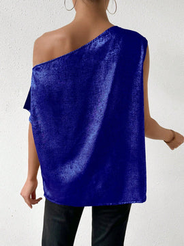 Clasi Camisa de cuello asimetrico simple y plisada en unicolor para mujer