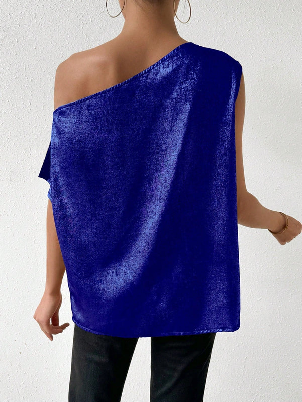 Clasi Camisa de cuello asimetrico simple y plisada en unicolor para mujer