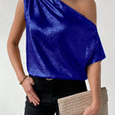 Clasi Camisa de cuello asimetrico simple y plisada en unicolor para mujer