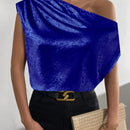 Clasi Camisa de cuello asimetrico simple y plisada en unicolor para mujer