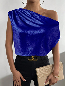 Clasi Camisa de cuello asimetrico simple y plisada en unicolor para mujer