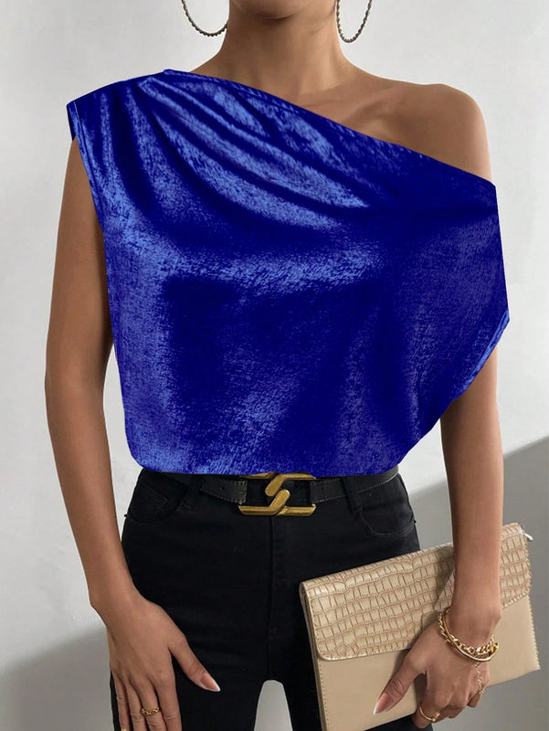 Clasi Camisa de cuello asimetrico simple y plisada en unicolor para mujer