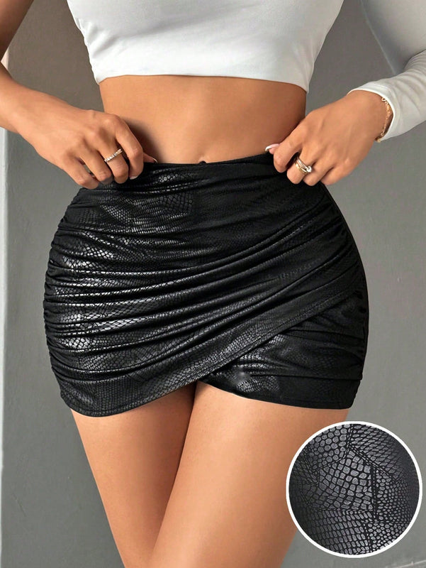 SXY Falda asimetrica para mujer de verano con textura de cocodrilo y pliegues